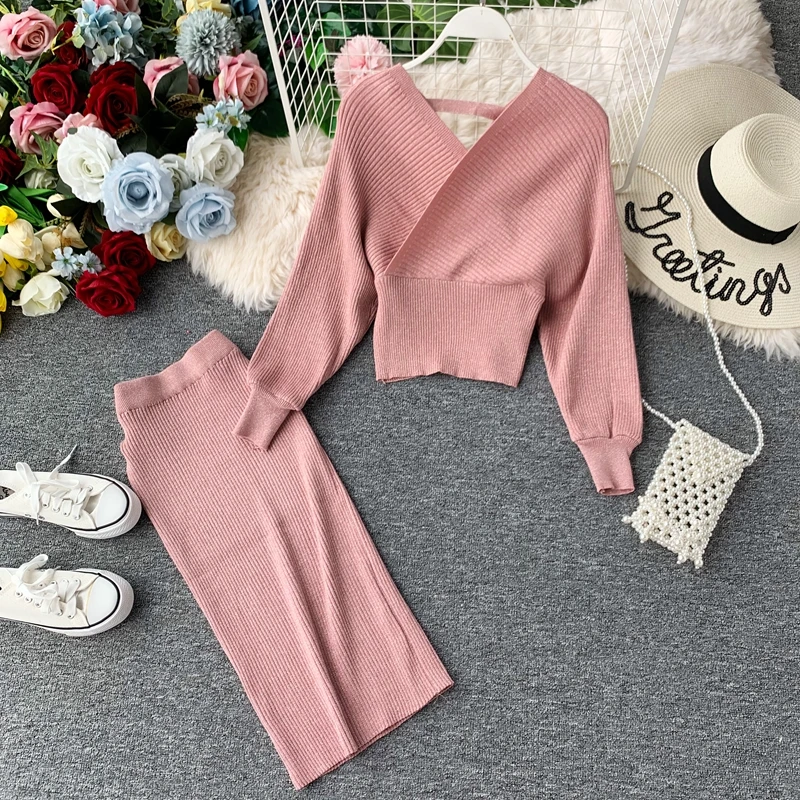 Хорошее качество из двух частей комплект блестящие высокого приталенное платье Для женщин V образным вырезом элегантное облегающее платье Осенняя коллекция зимнее вязаное платье - Цвет: Розовый