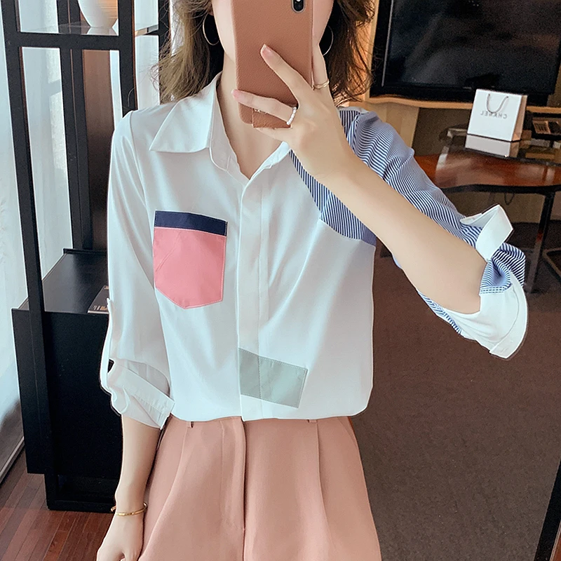 Женская рубашка в полоску с длинным рукавом и карманами