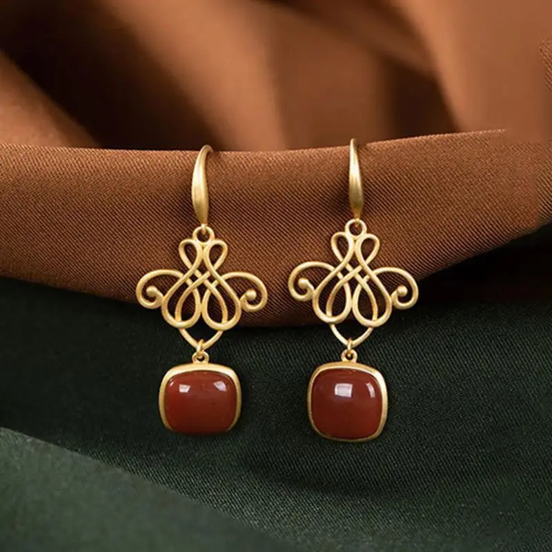 

S925 Sterling Silver Earrings Red Agate Lucky Knot Eardrops for Women Southern Red Agate Red Agate Vintage Gilding Craft Silver