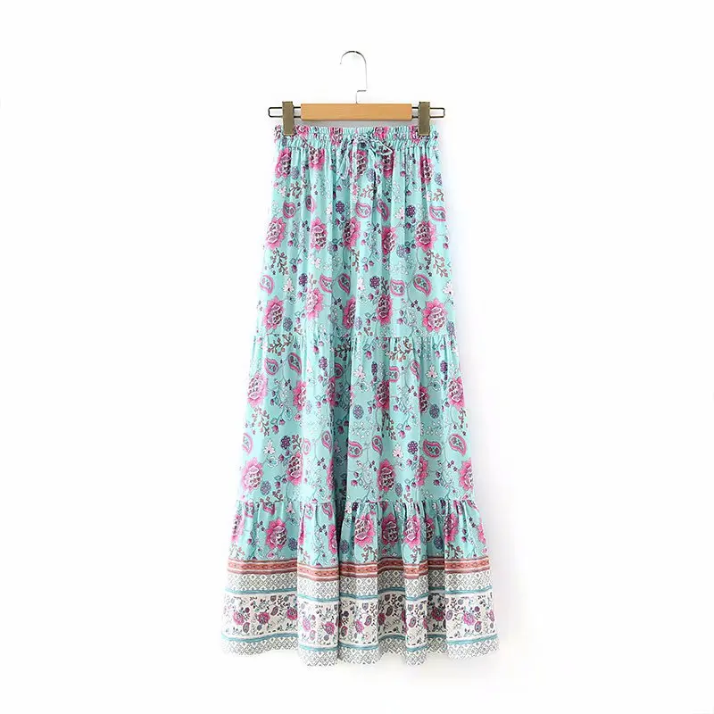 

Jastie Bohemia Blue Floral Print Long Skirt Women Elastic High Waist Rayon Cotton Maxi Skirts Boho Hippie Jupe femme faldas 2021