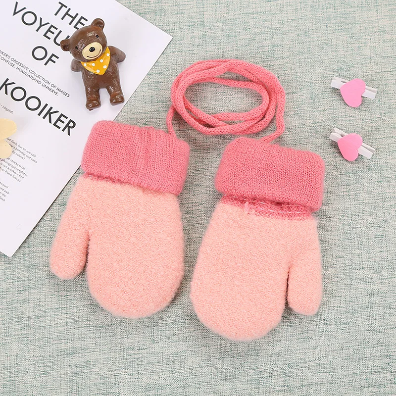 light pink BalleenShiny/Детские вязаные перчатки для мальчиков и девочек, однотонные плотные пушистые перчатки, теплые варежки для малышей, зимние аксессуары - Цвет: light pink