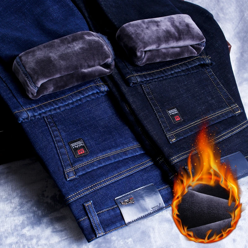 2021 Winter New Men's Warm Slim Fit Jeans Business Fashion Thicken Denim Trousers Fleece Stretch Brand Pants Black Blue