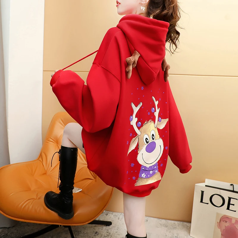 

FMFSSOM Elk Hoodie for Women Kawaii Plush Cotton Liner Red Loose Casual Spring Winter Female Pink Pullovers Streetwear Outwear