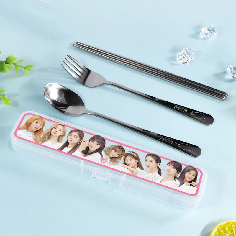 

Kpop TWICE Stainless Steel Chopsticks Fork Spoon Gift Box Three-piece suit Portable Travel Tableware Set TWICE Fan Collection