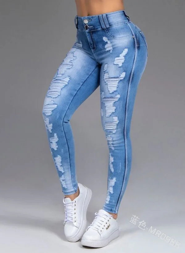 

WEPBEL Women Fashion High Waist Jeans Denim Pants Ripped Button Holes Jeans Women's Skinny Slim Pockets Zipper Bleached