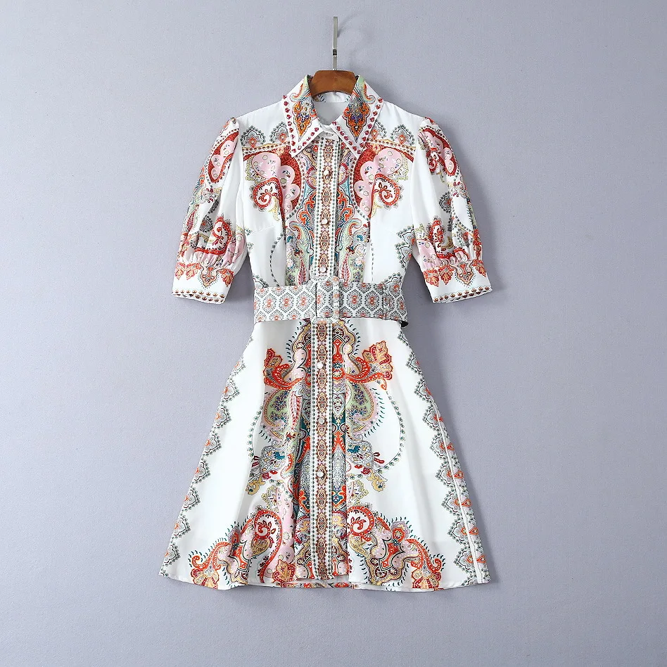 

women's American European and clothing 2021 summer new style 5 minutes of sleeve Nail bead lapel Retro print fashion belt dress
