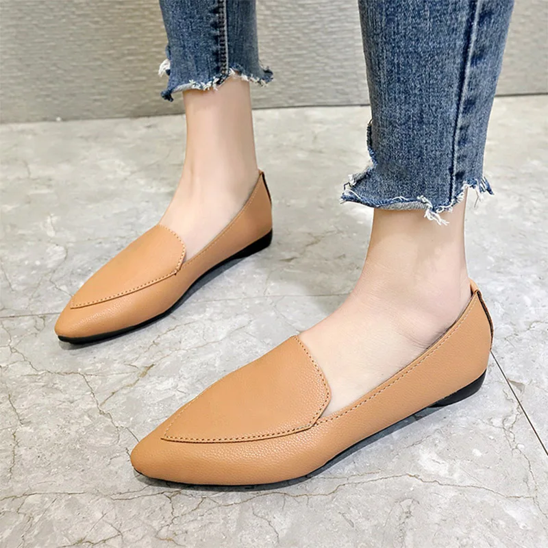 Туфли оксфорды женские на плоской подошве Кожаные балетки заостренный носок