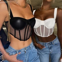 women spaghetti strap mini vest fishnet leather patchwork cami top see through crop corset sexy streetwear party club clothes