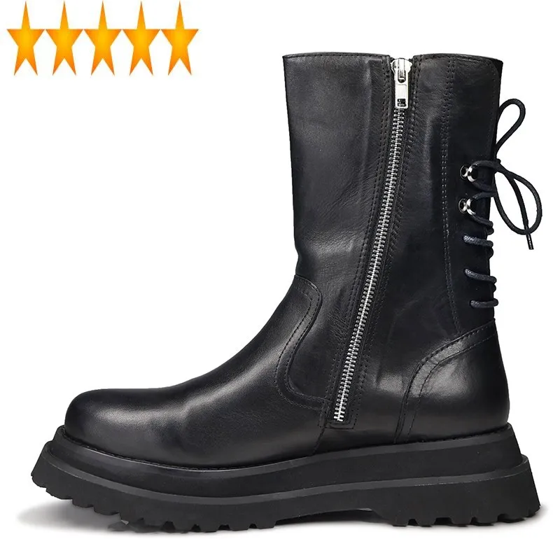 

Mid Gothic Platform Mens Thick Calf High Top Lace Up Genuine Leather Motorcycle Zipper Punk Knight Boots Biker Shoes