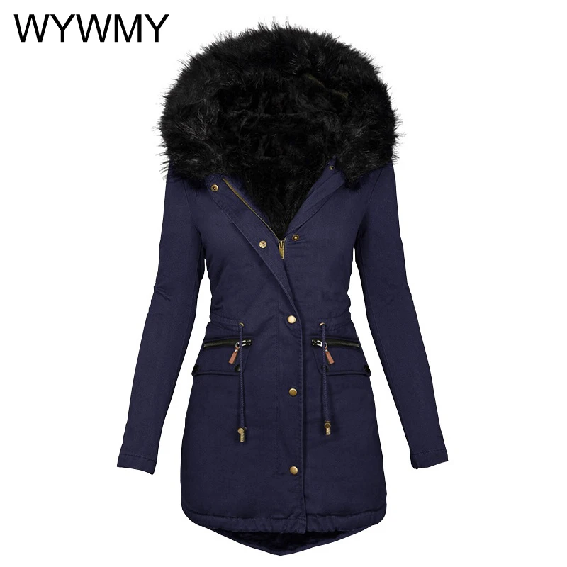 WYWMY Women Winter Jacket Wool Liner Parkas Thick Warm Mid-Long Jackets Hooded Parka Fur Inside Cotton Coat Female Plus size 5XL