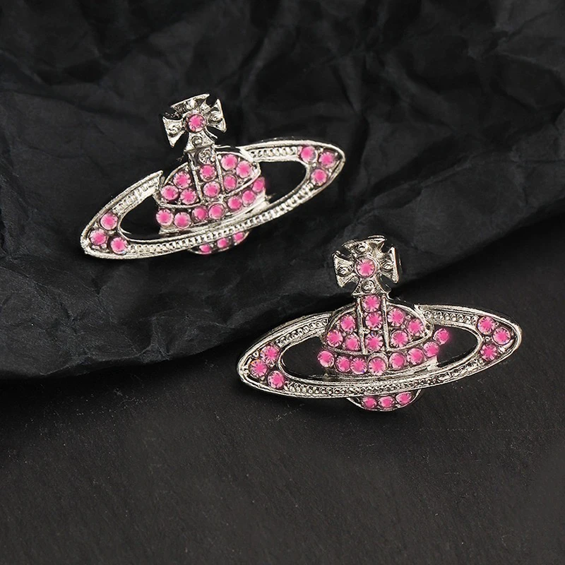 

2021 New Fashion Trend Silver Color Planet Stud Earrings for Women Rhinestone Saturn Earring Female Jewelry Gift