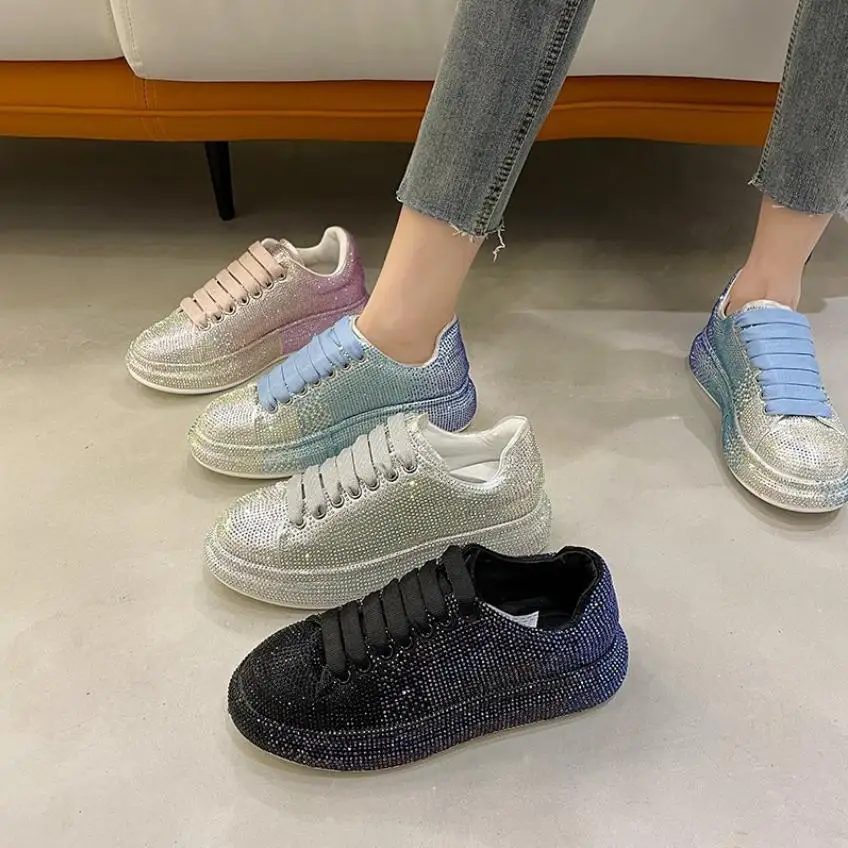 

Leather Women Shoes New Style Fashion Platform Shoes Ins Platforms Sneakers Tide Shine Bling Rhinestone Shoes