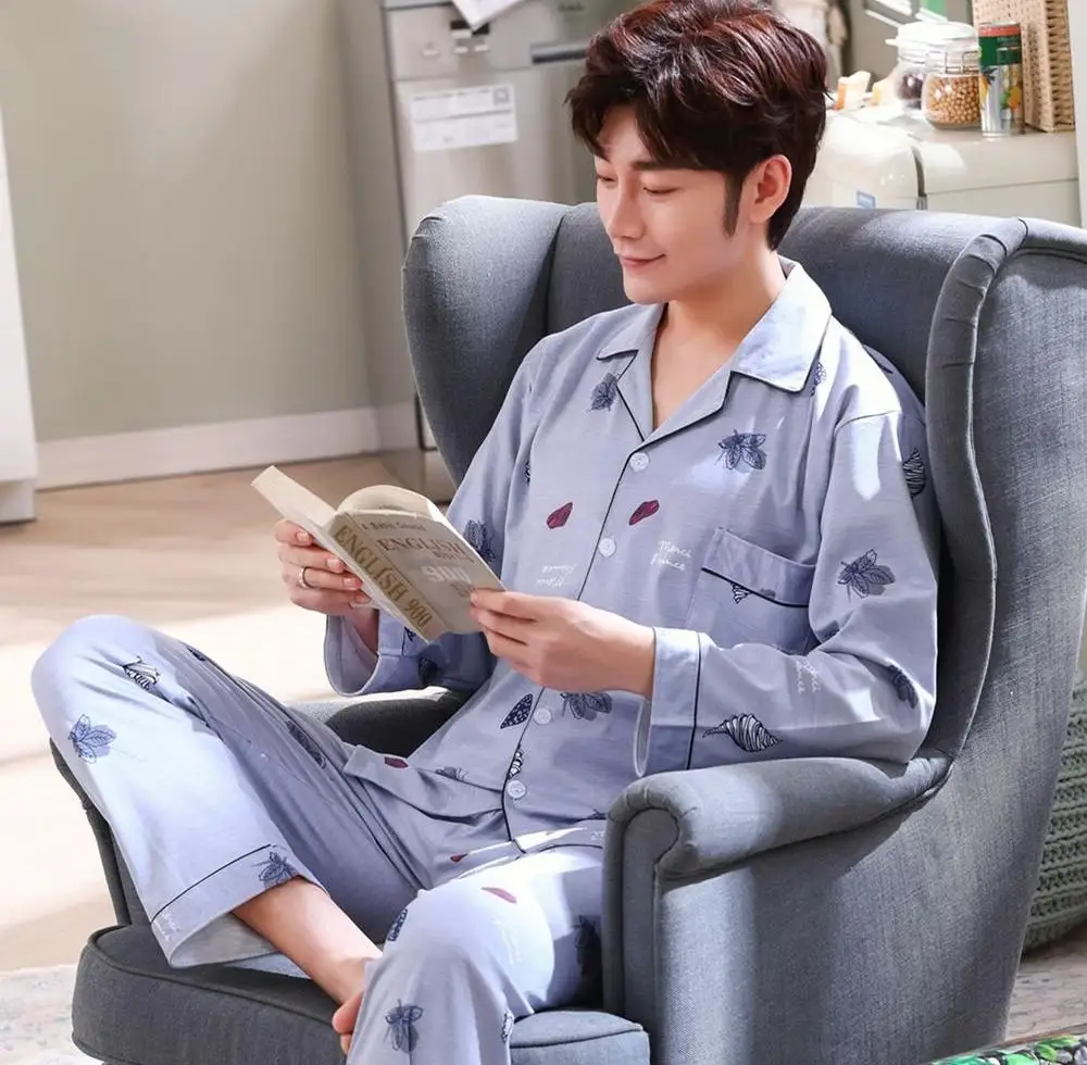 2pcs Sets Pure Cotton Men Pajamas Casual Plaid Long Sleeve Lapel Collar Sleepwear Spring Autumn Homewear Nightwear Home Clothing