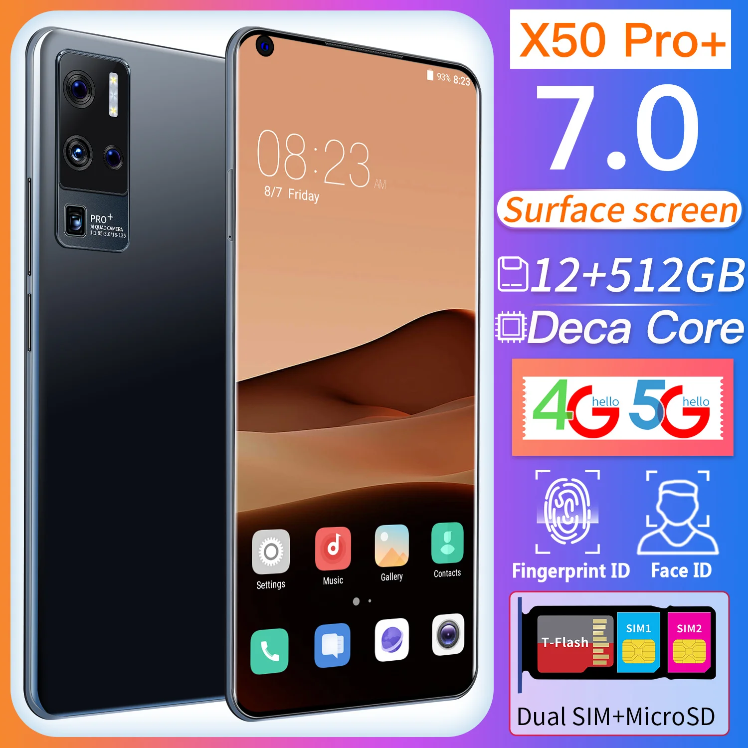 

Undefined X50 Pro+ Smartphone 7.0Inch Screen Face ID Finger ID 12GB RAM 512GB ROM 24MP 48MP 5500mAh Snapdragon888 Mobile Phone