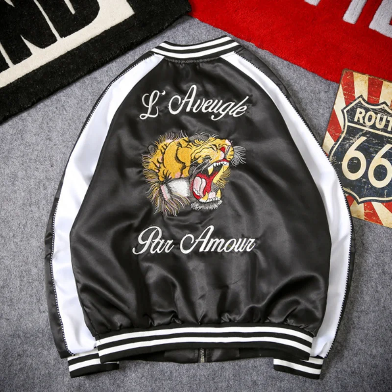 

Japanese Couples Autumn Coat Men and Women Embroidery Tiger Head Satin Baseball Uniform Men Splicing Animal Printing Jacket Coat