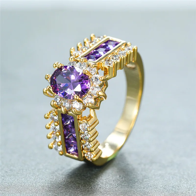 

Luxury Female Purple Oval Crystal Ring Charm Gold Color Wedding Rings For Women Promise Geometric Flower Engagement Ring