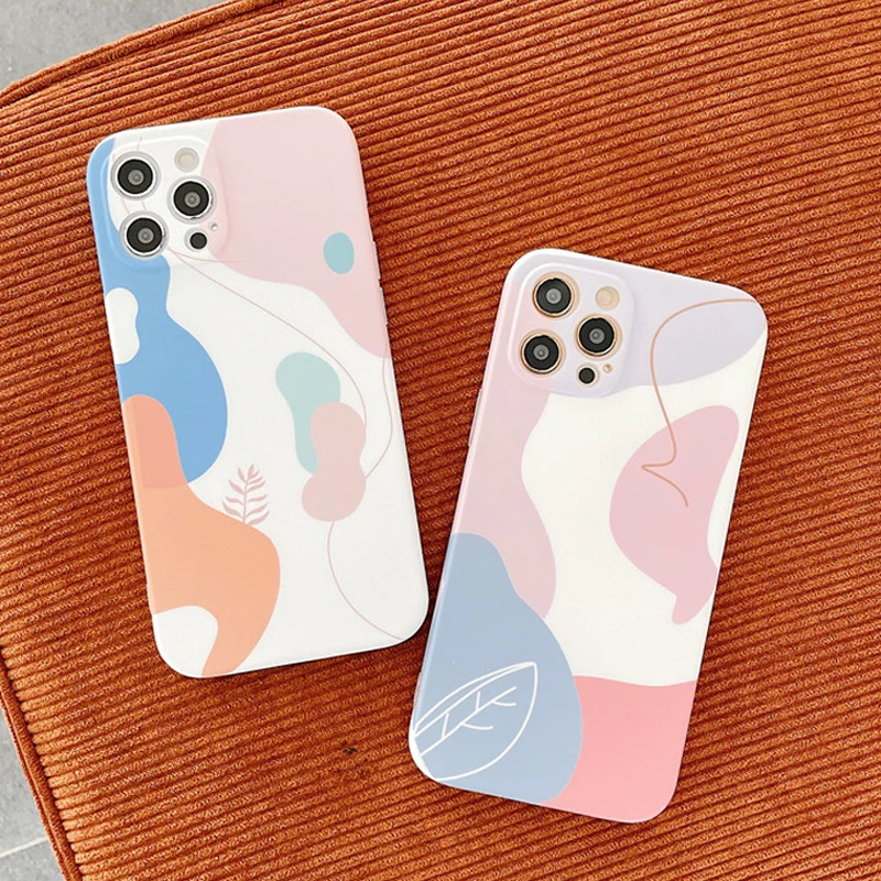 

moskado Contrasting Colors Leaf Pattern Phone Cover For iPhone 11 12 Pro Max X XR XS Max 7 8 7Plus Shockproof Soft Silicone Case