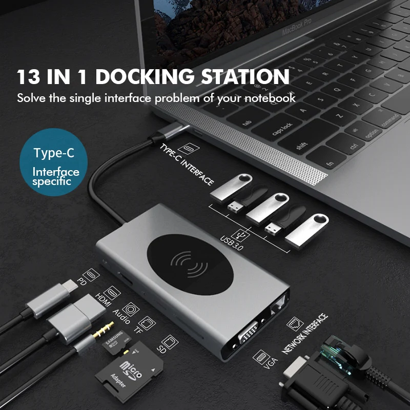 

13 in 1 10W Wireless Charging USB C HUB Type-C To USB 3.0 HDMI 4K VGA Adapter RJ45 PD TF SD 3.5mm Jack Audio for Macbook Pro