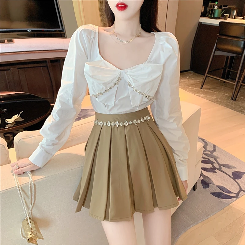 

Autumn New French Square Collar Diamond Bowknot Shirt Top High Waist Pleated Skirt Fashion Suits Women's Outfits Two Piece Set