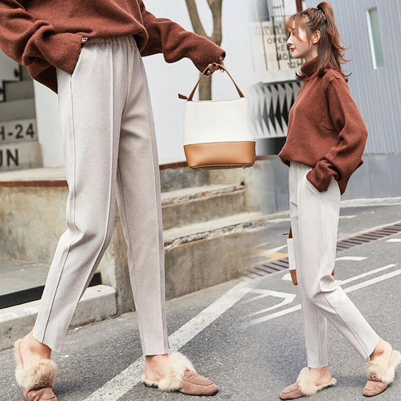 Новинка 2019 Осенние шерстяные женские брюки эластичные с высокой талией девять