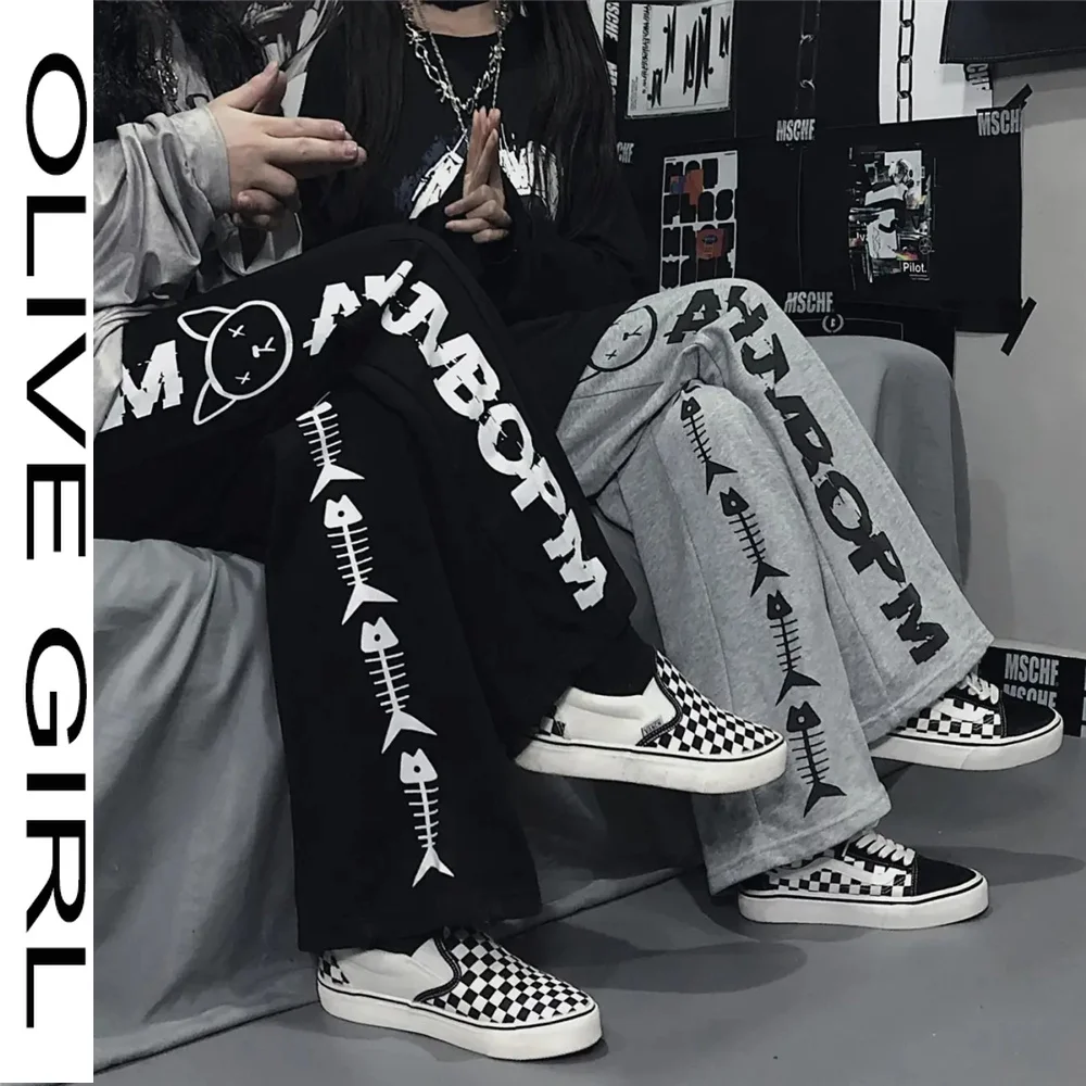 

Plus Size Loose Pant Korean Letter Print Vintage Baggy Streetwear Harajuku Wide Leg Trousers High Waist Dark Style Couple Outfit