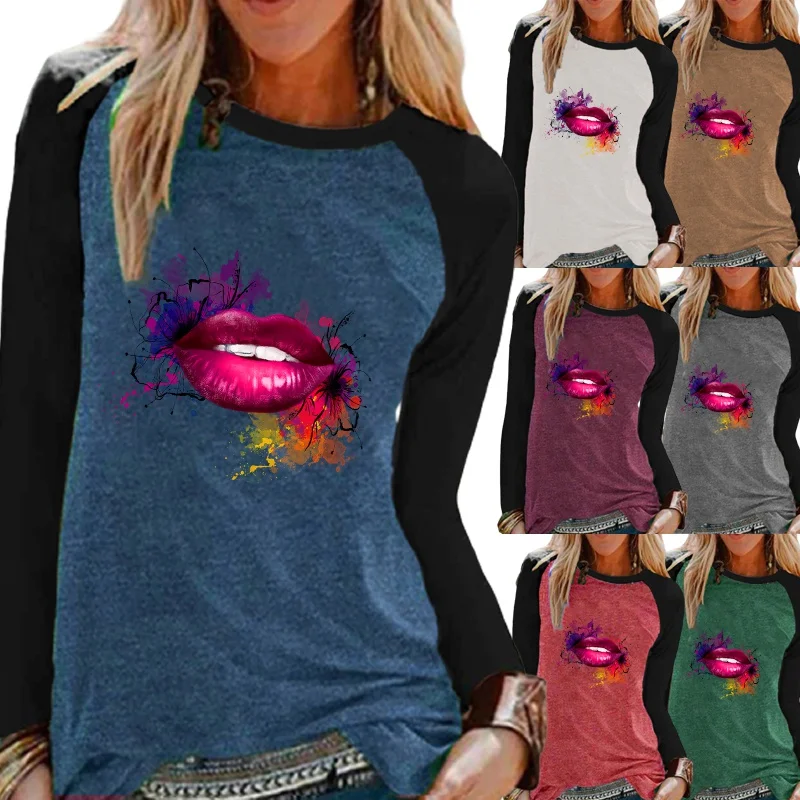 

Women's Fashion Autumn Casual Round Neck Loose Lips Printing Long-sleeved Shirt Raglan Sleeves Plus Size T Shirt XS-5XL