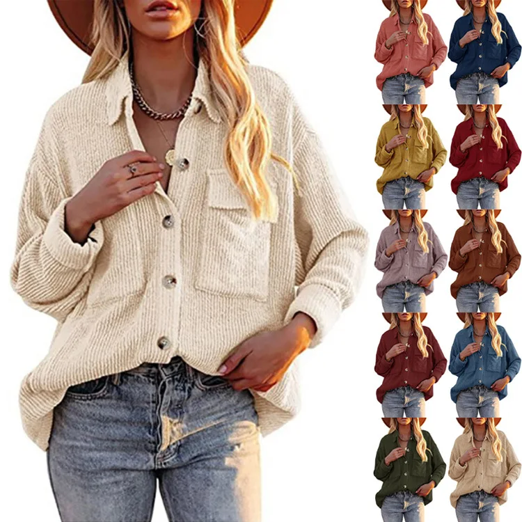 

Corduroy Woman Shirts Autumn Solid Color Loose Lapel Double Pocket Long Sleeve Shirt Jacket Women Shirts Coat