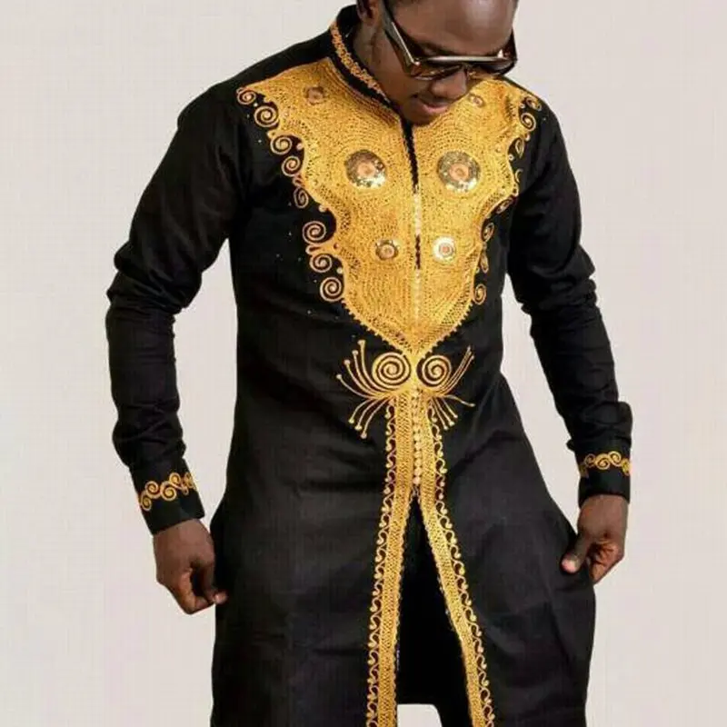 Черная золотая с принтом роскошная африканская Дашики длинная рубашка мужская