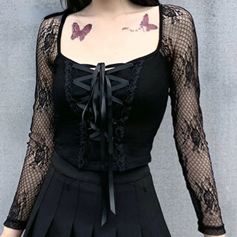 

Женские кружевные готические футболки Egood, черные укороченные облегающие Топы с длинным рукавом спереди, 2021