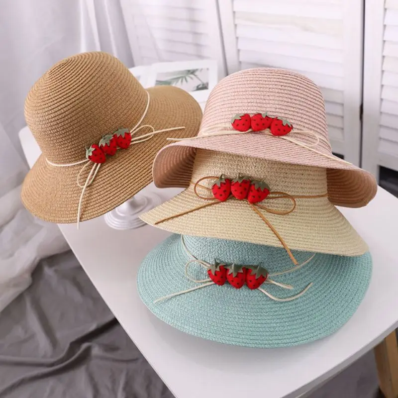 

2020 Women Woven Straw Sun Hat Cute Strawberry Bowknot Wide Brim Packable Beach Cap
