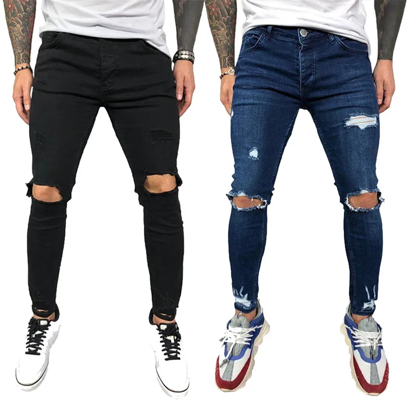 

Mens Distressed Jeans Stretchy Skinny Ripped Frayed Denim Pants Hip Hop Pencil Trousers