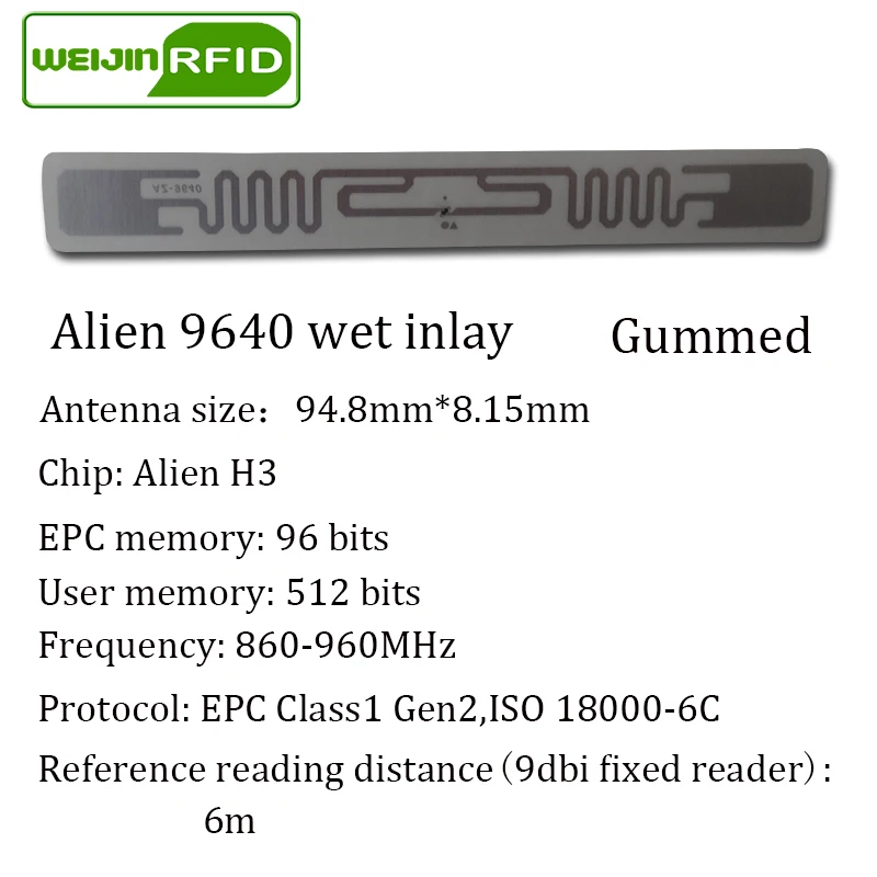 UHF RFID этикетка наклейка Alien 9640 EPC6C влажная инкрустация 915mhz868mhz860-960MHZ Higgs3 1000 шт