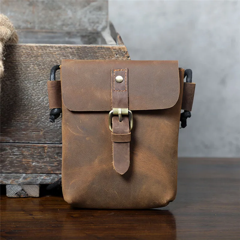 PNDME fashion vintage genuine leather men small phone shoulder bag outdoor leisure light crazy horse cowhide mini messenger bag