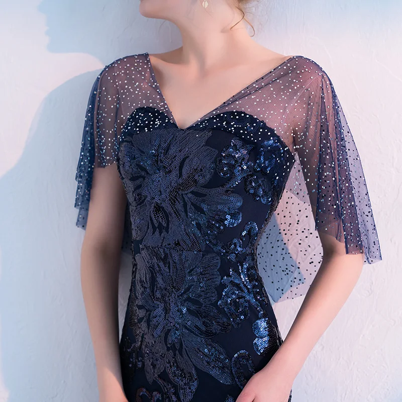 

Charmful Sequined V Neck Mermaid Evening Dresses Waist Slim Flower Short Sleeves Formal Dress Women Elegant Gowns For Prom Party