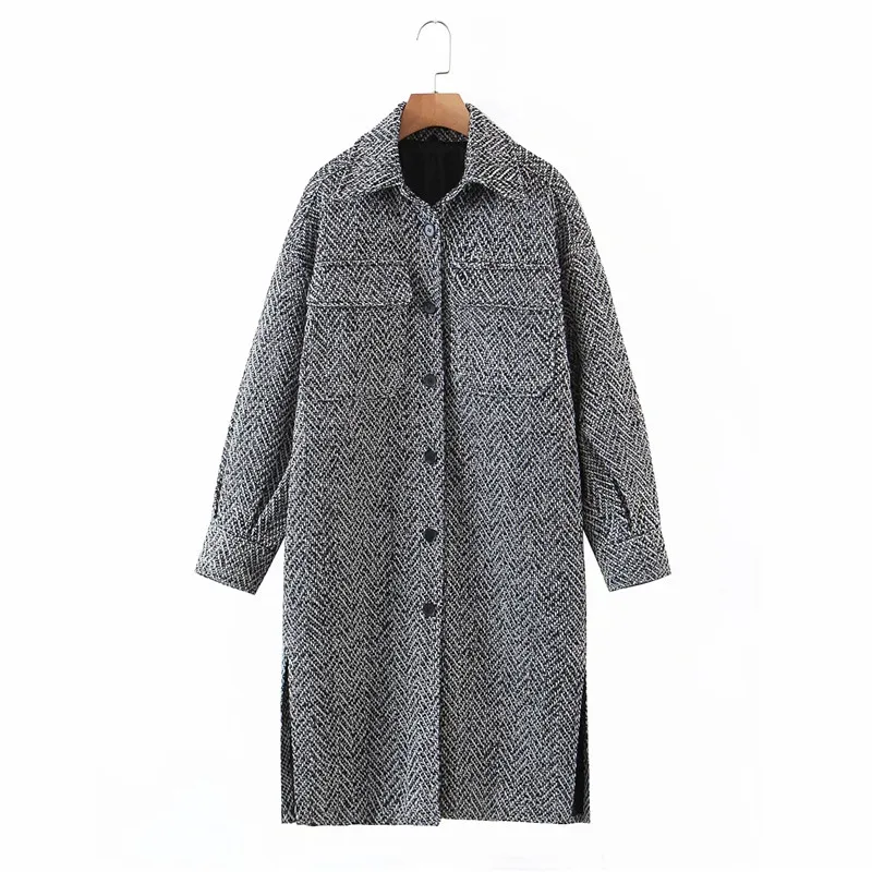 

Vogue Women Winter Vogue Woolen Gray Za Coats Female Stylish Single Breasetd Thick Outwear Ladies Pockes Long Jackets Ovesize