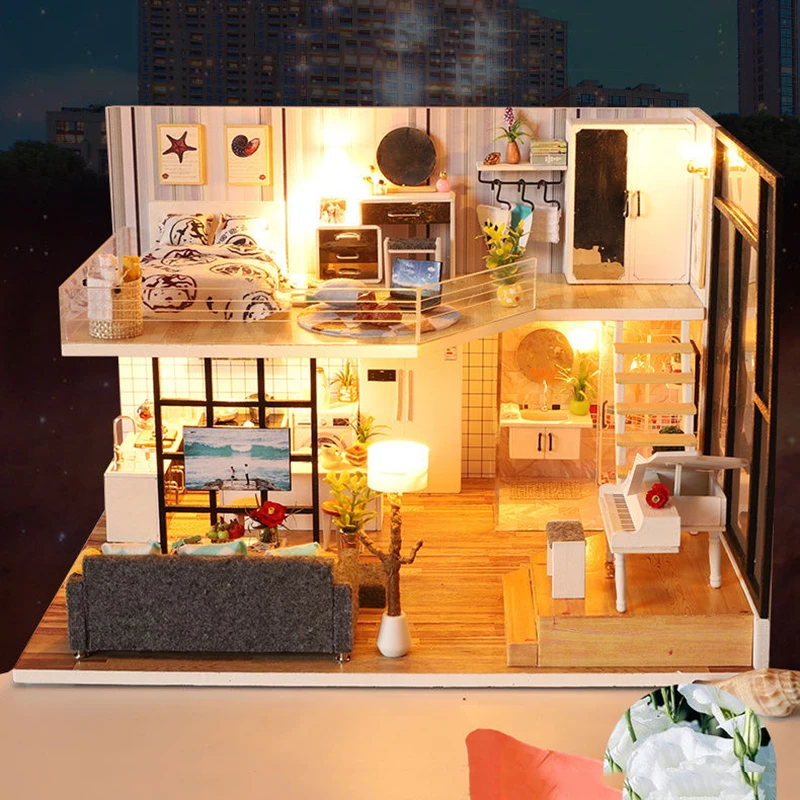 

Kids DIY Assemble Doll House Dollhouses Miniature Lofts Dollhouse Furniture Set Kit Toys for Children Christmas Gift
