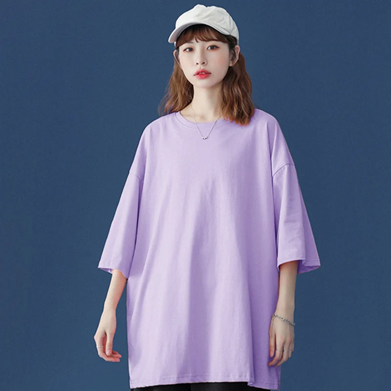 

Basic 100% Cotton T Shirt Women Summer New Oversized Solid Tees 7 Color Casual Loose Tshirt Korean O Neck Female Tops