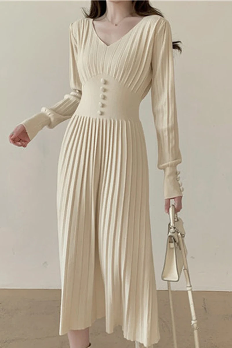 

Autumn Winter French Drsss Women Sexy V-neck Mid-length Pleated Knitted Dress Woman Casual Solid High Waist A Line Vintage Dress