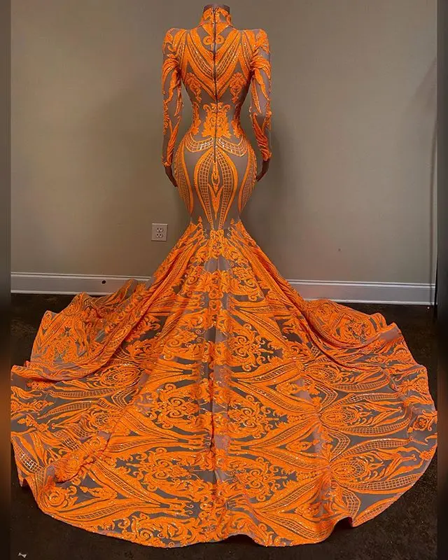 

Orange Sequins Applique Evening Pageant Dresses with Long Sleeve 2021 Luxury Vestidos de fiesta de noche Mermaid Prom Gowns