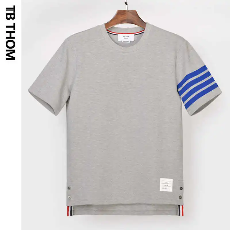 

TB THOM men's o-neck short sleve t-shirts with four dyed striped summer casual t-shirts men fashion tees for men gray color