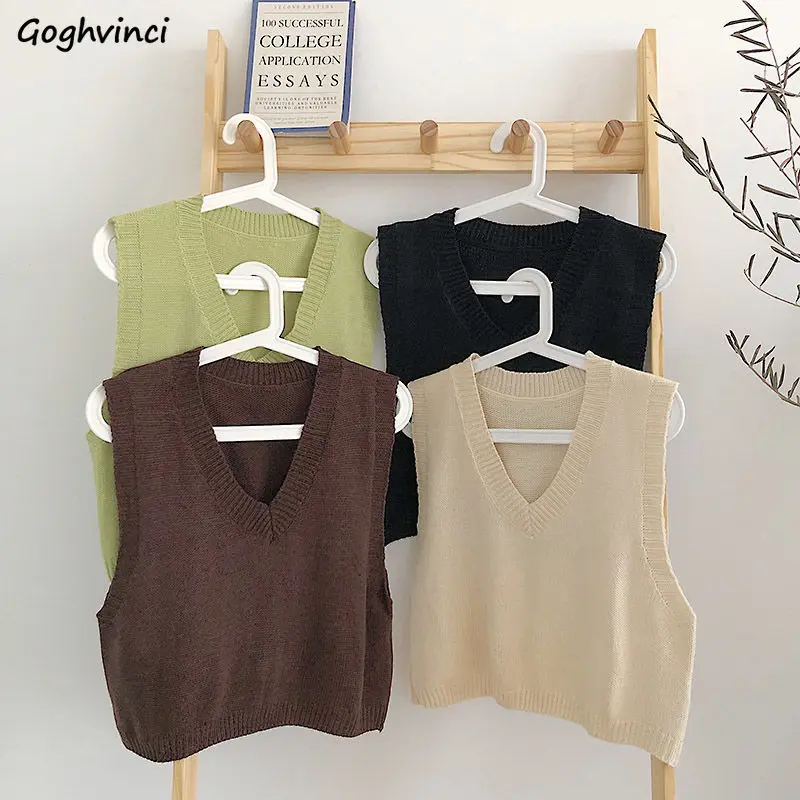 

Sweater Vests Womens Autumn Solid Simple Basic V-Neck Sleeveless Loose Leisure Knitted Female Jumpers Korean Style All-match New