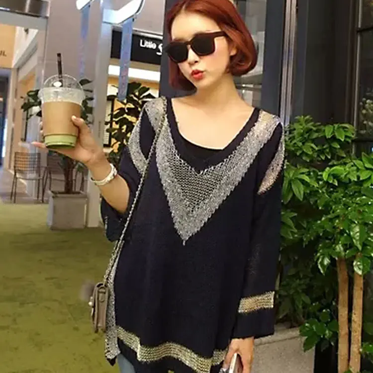 

Early spring Korean style hot style women's personality color matching V-neck women's long-sleeved sweater women's pullover