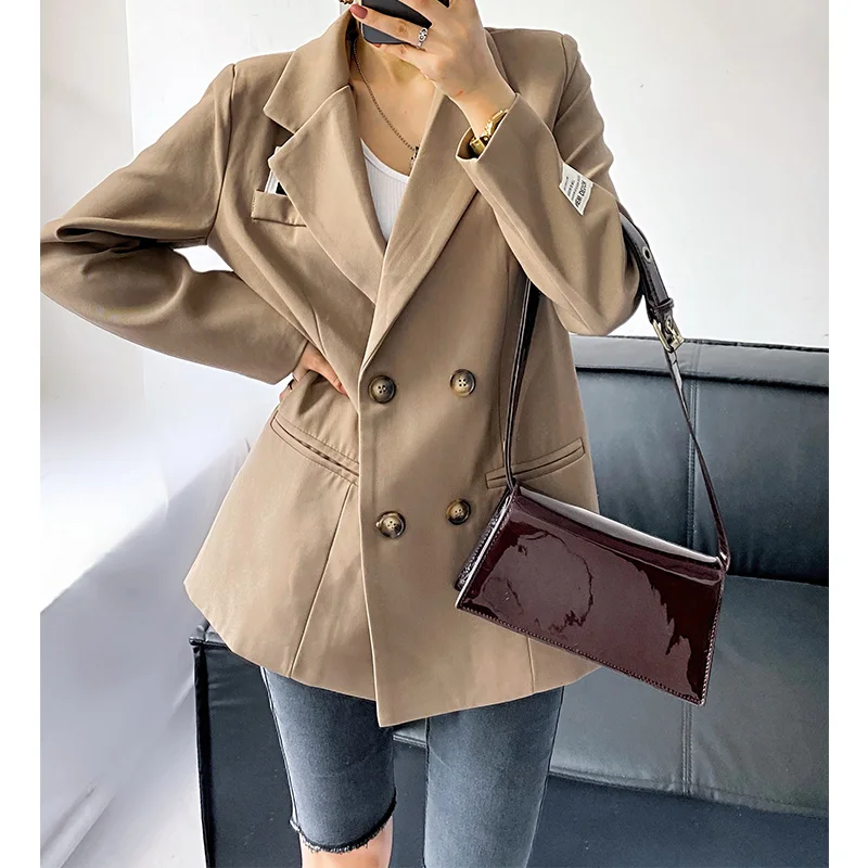 

Women Spring Autumn Casual Double Breasted Labeling Blazers Coat Za 2021 Office Lady Long Sleeve Solid Color Elegant Outerwear