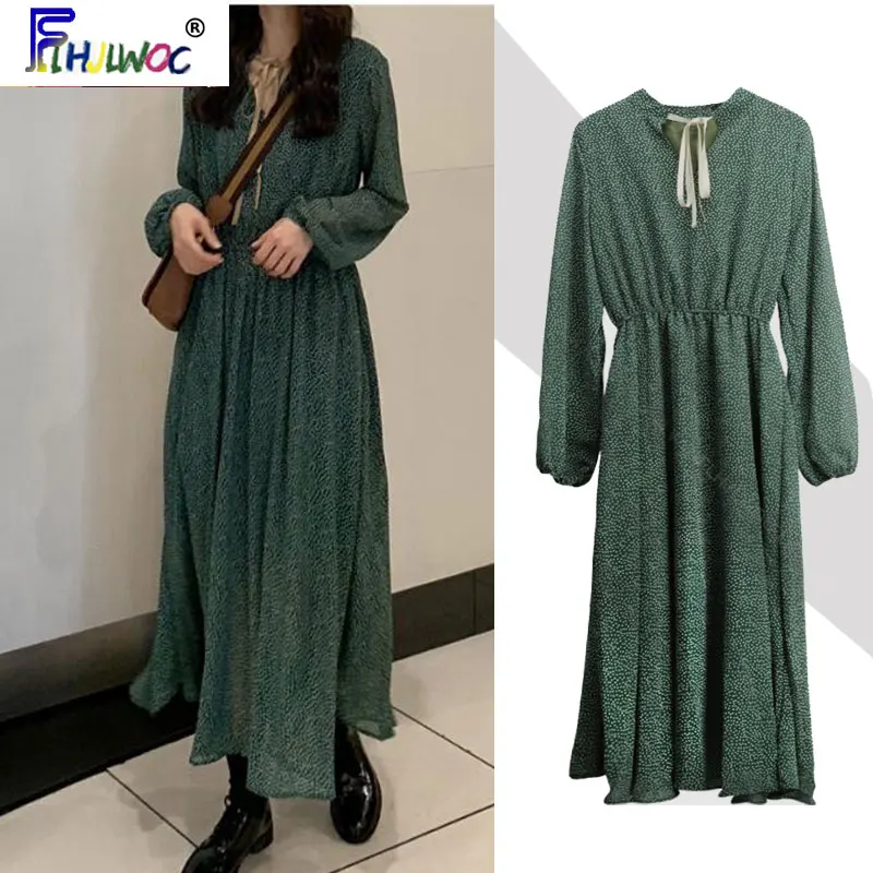 Женское винтажное платье с галстуком бабочкой длинное в зеленый горошек