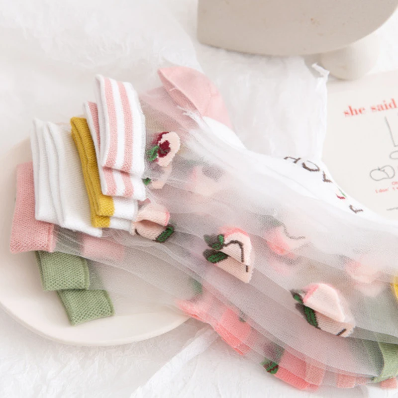

Summer New Embroidery Fruit Pattern Socks Women's Ultra-thin Transparent Glass Silk Breathable Socks Sweet and Cute Short Socks