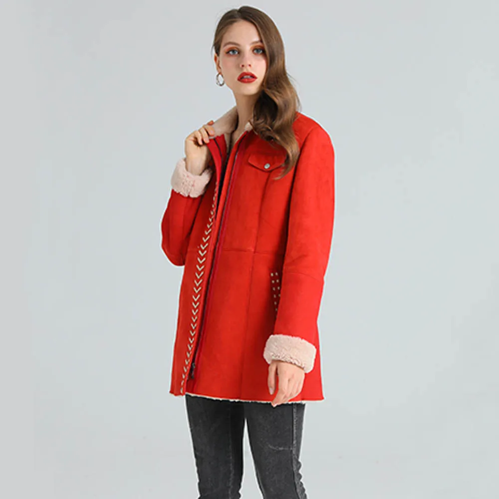SANI 2020 Top Quality New Yellow Shearling Fur Coat Women Winter Real Fur Coat Red Real Sheepskin Jackets