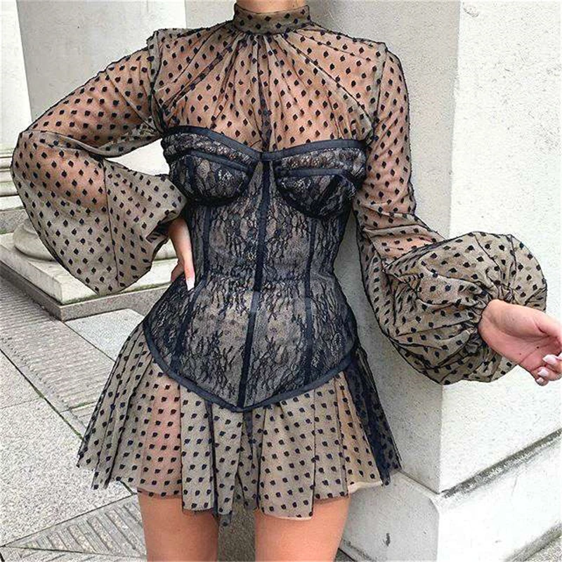 

New Design 2 Pieces Summer Dress Women's Black Sexy Corset Long Retro Slim Mesh Mesh Dress Elegant Ladies Club Dress Beach Party