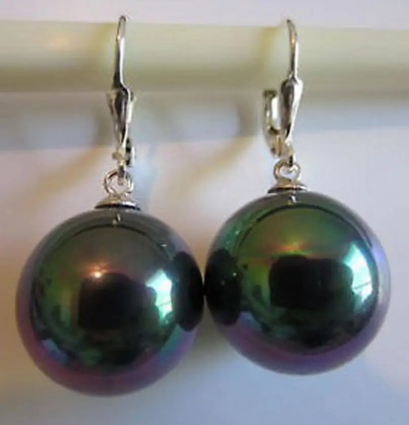 Free shipping 14mm Peacock BLACK Shell Pearl Dangle EARRINGS LEVERBACK 925 Sterling Silver | Украшения и аксессуары