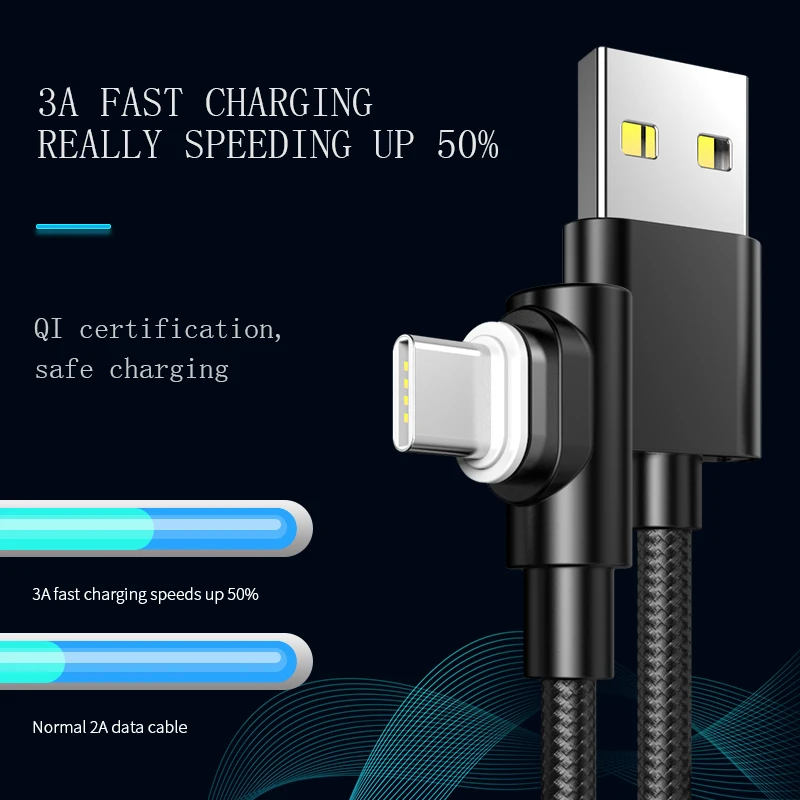 Зарядный кабель USB Type C 3A 90 градусов игровой usb F L изгиб зарядный шнур магнитный