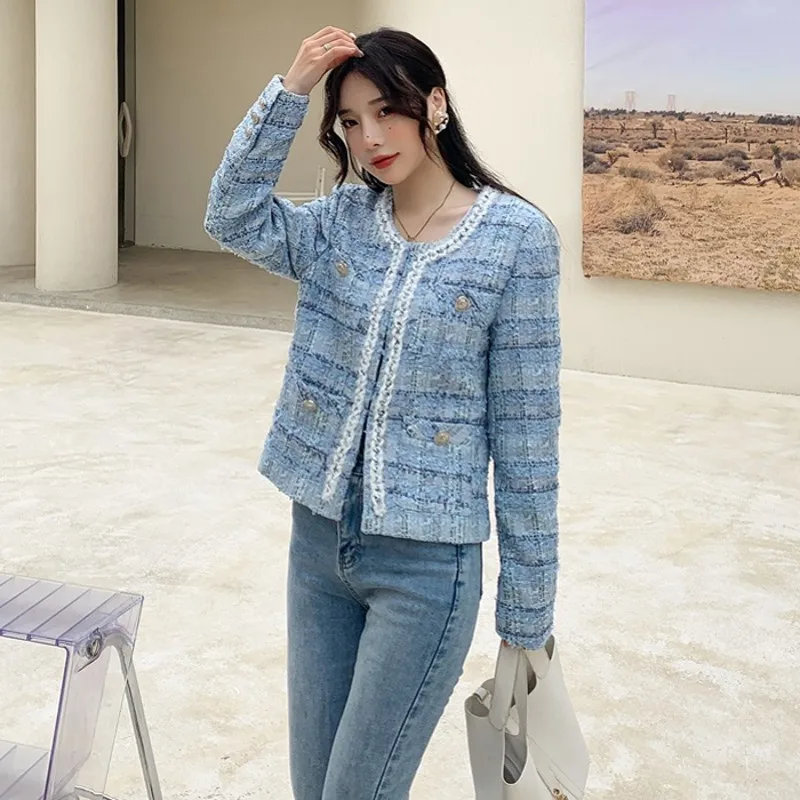 

Runway Fall Winter Chic OL Work Wear Woolen Tweed Plaid Jacket Women's Sweet Luxury Blue Coats Female Outerwear Casacos